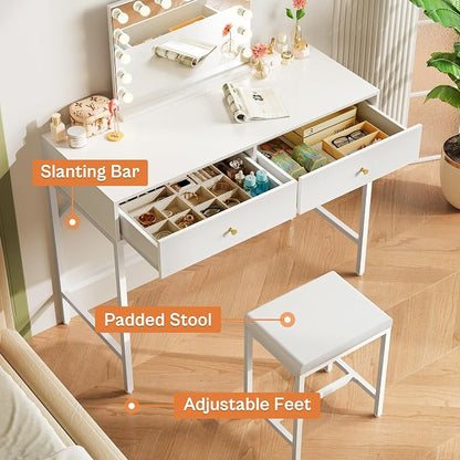 SUPERJARE 35.4" White Desk with 2 Drawers, Modern Makeup Vanity with Padded Stool, Small Computer Desk Home Office Desk for Writing Study Bedroom