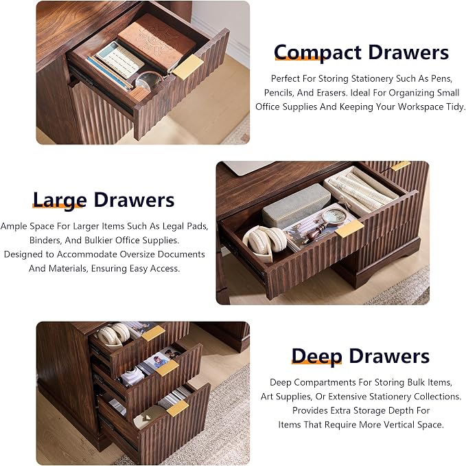 JXQTLINGMU 58" Modern Executive Desk with Storage, Wood Home Office Desk with 5 Drawers & 1 Cabinet, Fluted Computer Writing Desk for Study, Living Room, Bedroom, Dark Walnut