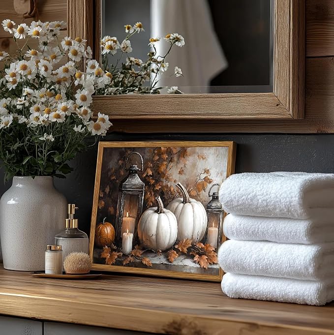 Framed Vintage Fall Pumpkin Canvas Wall Art, Rustic Farmhouse Autumn Paintings Wall Decor, Thanksgiving Pumpkins Pictures Prints Aesthetic Home Decor for Living Room Kitchen Office 16×24 inch