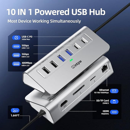 intpw 10-in-1 USB C Hub, P9R Powered USB Hub with 4K HDMI, 3 USB 3.0 5Gbps, PD 100W, 1Gbps Ethernet, SD/TF, Aluminum USB Hub for Laptop, MacBook Pro/Air, iPad Pro, iPhone 17, Dell, HP