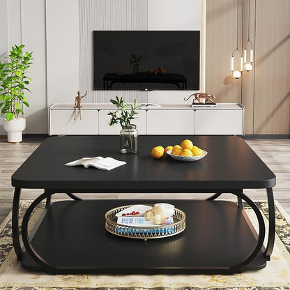 Tribesigns Square Coffee Table with Open Storage Shelf for Living Room, 39 Inch Large Wood Center Table 2 Tier Low Coffee Tables Farmhouse Tea Table with Metal Frame for Home Office, Black