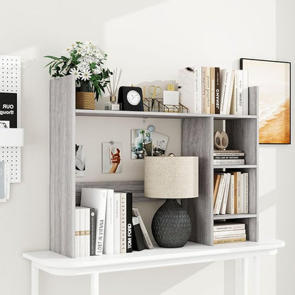 FTZxHKLX Desktop Bookshelf, Wooden Desk Hutch for Computer Monitor Up to 27'' with 3 Open Storage Shelves, Large 4-Tier Desk Organizer for Dorm Office Home, Wash Grey