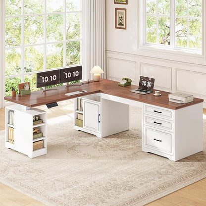 SEDETA Farmhouse L Shaped Electric Standing Desk, 63" x 67" Height Adjustable Home Office Executive Desk with Drawers, Standing Computer Desks with Power Outlet for Home Office, White+Brown