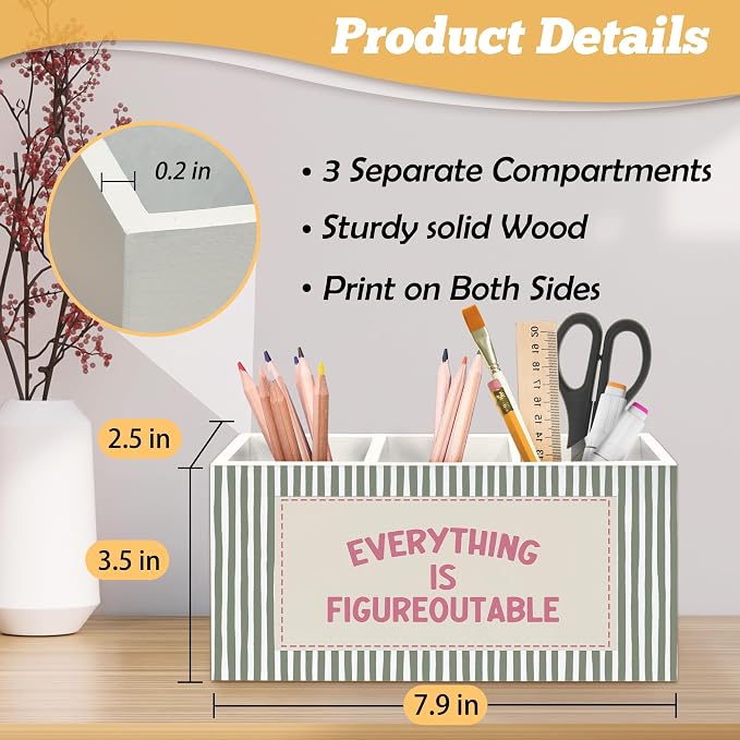 Inspirational Pen Holder Organizer for Desk Accessories, Inspirational Gifts for Women, Pink and Green Motivational Striped Wooden Box Sign Desk Decorations for Home Office Decor