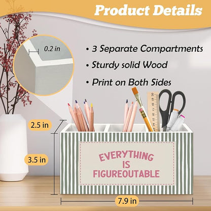 Inspirational Pen Holder Organizer for Desk Accessories, Inspirational Gifts for Women, Pink and Green Motivational Striped Wooden Box Sign Desk Decorations for Home Office Decor