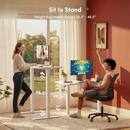 FEZIBO Small Standing Desk, 32 × 19 Inches Electric Height Adjustable, Sit and Stand Up, Computer Office Desk with Splice Board, White Frame/White Top