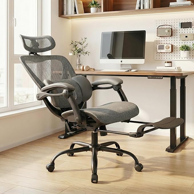 MALOL Ergonomic Mesh Office Chair with Footrest, Executive High Back Computer Desk Chair with 3D Adjustable Headrest & 5-Level Lumbar Support, Reclining Tilt Lock, 3D Arms, 300LBS Capacity, Grey
