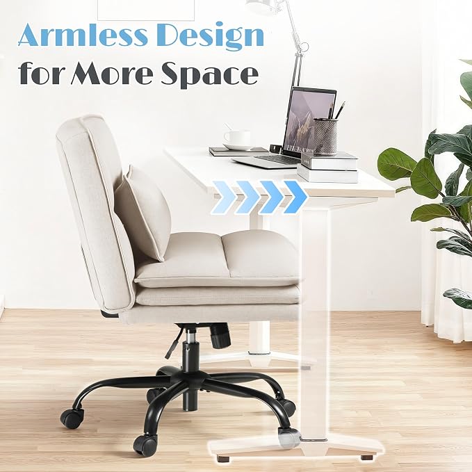 Furmax Criss Cross Legged Office Chair with Wheels, Armless Extra Wide Seat Swivel Desk Chair, Adjustable Height Comfy Task Chair with Thick Cushion for Home Office Bedroom Vanity (Fabric, Beige)