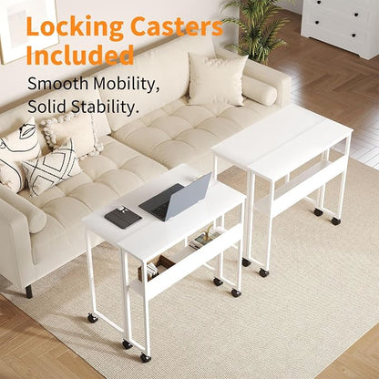24.8" Folding Rolling Desk with Storage Shelf, Small Foldable Computer Table on Wheels for Home Office & Small Spaces, Portable Workstation with Brakes, White