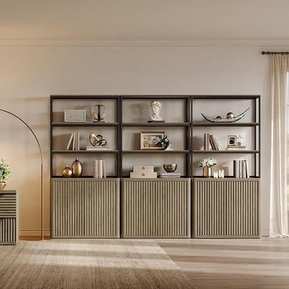 SICOTAS Book Shelf Fluted Bookshelf 71" Tall Bookcase with Doors Storage 5 Tier Mid Century Modern Bookshelves Large Shelves Metal Book Cases for Living Room Office Kitchen Library