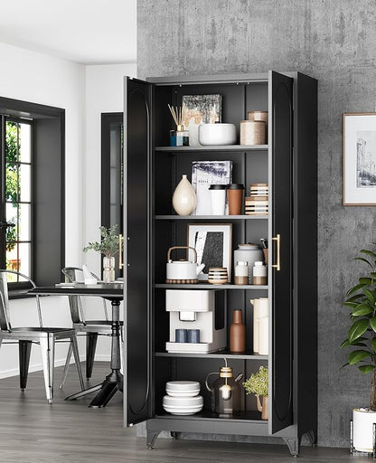 75" Tall Black Metal Storage Cabinet with 2 Doors and 4 Adjustable Shelves, Heavy Duty Steel Pantry Cabinet for Garage, Home Office, Kitchen and Laundry Room, Freestanding Utility Cupboard