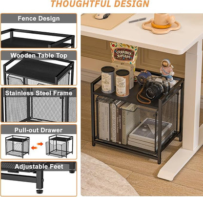 JKsmart Under Desk Storage, Printer Stand with Drawer, Rolling File Cabinet with Adjustable Table Top, 2 Tier Industrial Shelf on Fixed Feet Wheels, Sofa Side Table Organizer for Home, Office, Black
