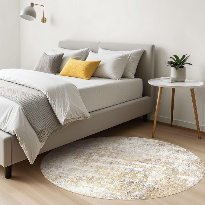 LOONGRUG Round Rug Living Room Rugs: 8Ft Washable Circle Large Abstract Modern Soft Stain Resistant Non Slip Indoor Floor Carpet for Bedroom Nursery Office Dining Room Dorm Home House Decor- Gray Gold