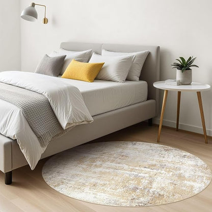 LOONGRUG Round Rug Living Room Rugs: 8Ft Washable Circle Large Abstract Modern Soft Stain Resistant Non Slip Indoor Floor Carpet for Bedroom Nursery Office Dining Room Dorm Home House Decor- Gray Gold