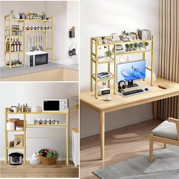 Desk Shelf with Grid Panel, 37.5" Desktop Hutch Organizer, 4-Tier Desk Bookshelf for Computer Desk, Metal & Wood Desktop Storage Rack for Home Office, Dorm, Study Desk, Gold