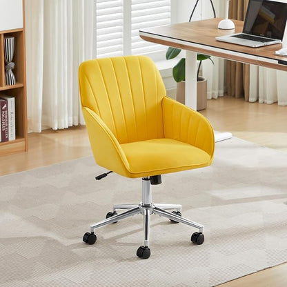 Velvet Home Office Desk Chair, Modern Cute Computer Task Chair with Back, Height Adjustable Upholstered Vanity Chair with Swivel Wheels for Women, Girls (Silver Base, Lemon Yellow