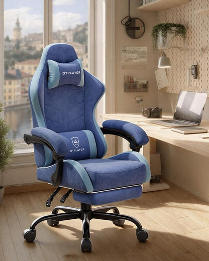 GTPLAYER Gaming Chair with Footrest, Computer Gaming Chair for Adults, Height Adjustable Gamer Chair with 90-155° Recline & Removable Headrest Lumbar Support,Performance Fabric Blue