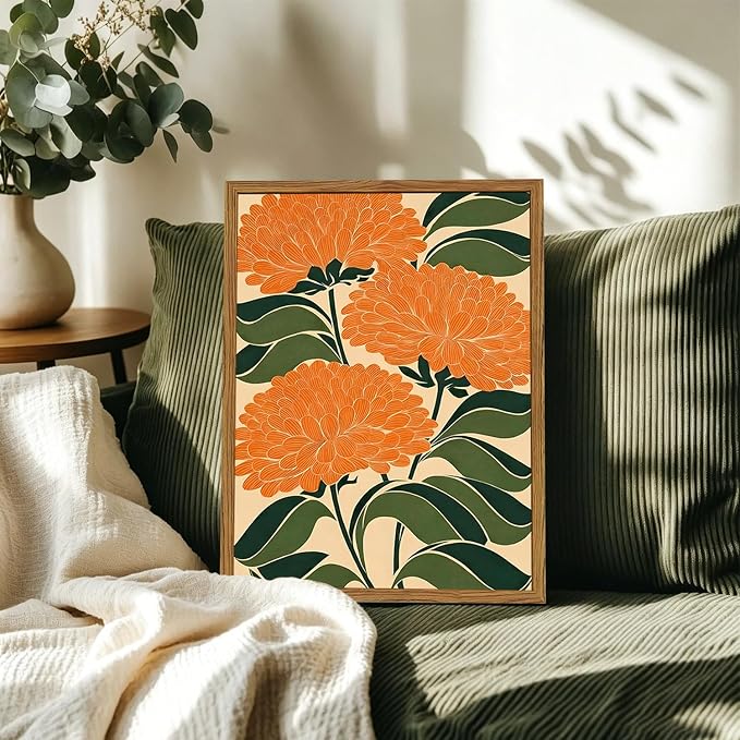 Framed Boho Floral Wall Art, Vintage Orange Flower Canvas Wall Decor Pictures, Mid Century Modern Abstract Botanical Paintings Prints Maximalist Home Decor for living Room Bedroom Office 16x24 inch