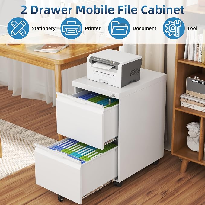 File Cabinet with Lock, 2 Drawer Mobile File Cabinet with Wheels, Metal Vertical File Cabinets for Home Office, Rolling Filing Cabinets Under Desk Storage for Letter/Legal/A4 Files