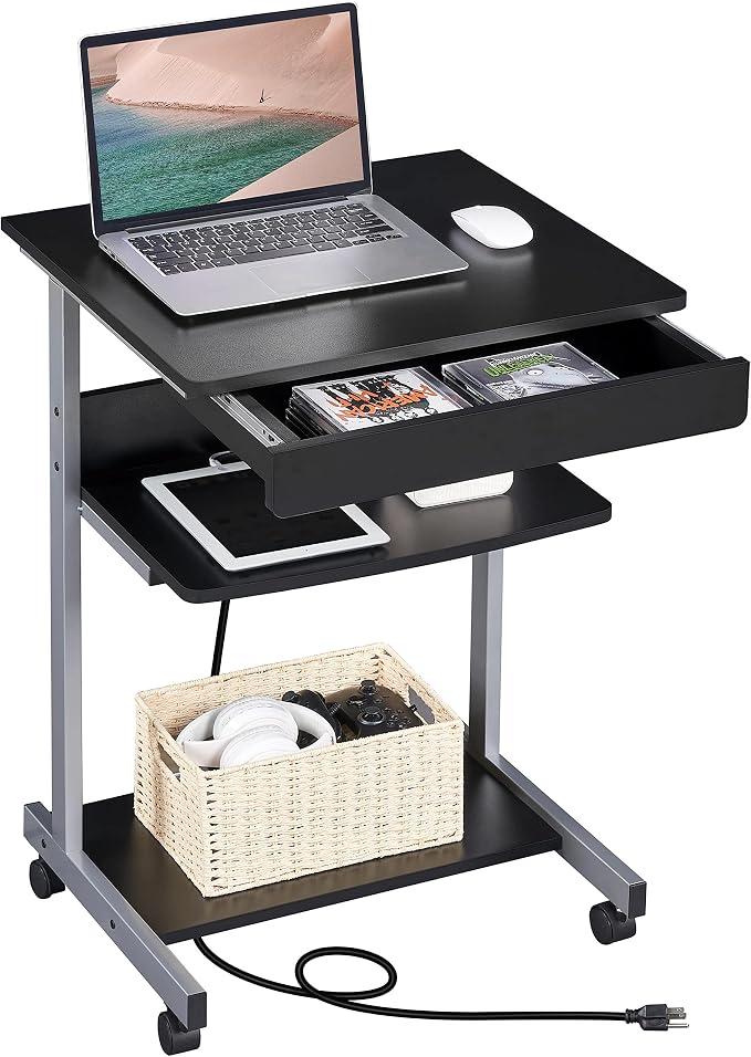 Topeakmart Mobile Laptop Desk Compact Computer Table on Wheels with Power Outlet and USB Ports, Home Office Writing Desk with Charging Station and Printer Shelf Small Desk 22in for Space Saving, Black