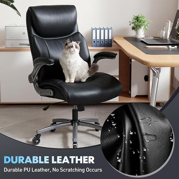 Ergonomic PU Leather 400lbs Executive Office Chairs Set of 2, High-Back Home Computer Chair with Lumbar Support, Flip-Up Arms, Black