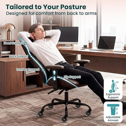 NEO CHAIR Ergonomic Leather Office Desk Chair with Adjustable Height Armrests High Back Lumbar Support Swivel Executive Computer Chair with Wheels Comfy Home Office Chair for Adults (Dark Brown)