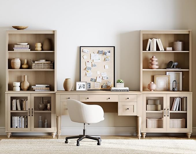 WAMPAT Home Office Furniture Set, 56'' Executive Desk with Charging Station, 72" Tall Bookcase with 4 Glass Doors, Wood Computer Desk with File Cabinet Storage, Open Shelf, Light Oak