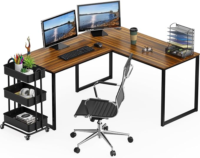 SHW Mission 55 x 60 Inches L-Shape Home Office Computer Desk, Walnut