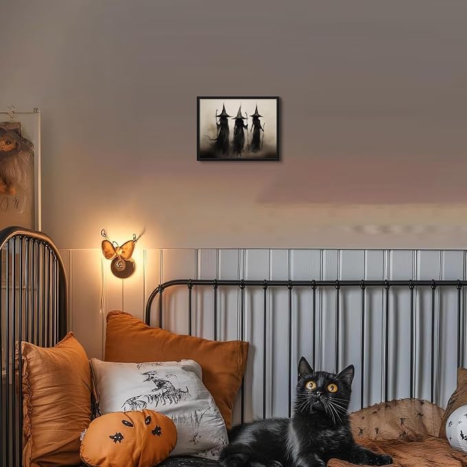 Framed Vintage Witch Canvas Wall Art - Halloween Witchy Wall Decor - Gothic Decor Aesthetics, Creepy Three Witches Rustic Macabre Dark Artwork Prints for Living Room Bedroom 8x10 inch
