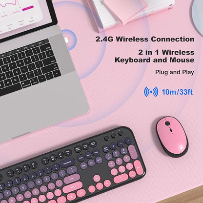 Wireless Keyboard Mouse Combo - Lovely CherryPink-Gradient Rainbow Full-Sized Typewriter Colorful Keyboards, Round Keycap Plug Play Retro Cute Keyboards for Windows, Laptop, PC, Desktop, Computer