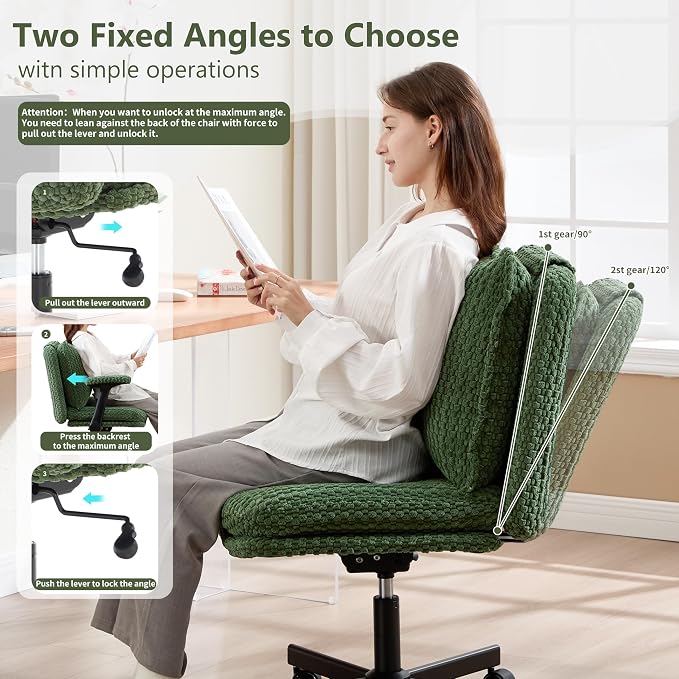 Fizzin Criss Cross Chair,Armless Cross Legged Chair with Wheels,Memory Foam Seat Office Desk Chair with Flipable Back Cushion,Mid Back Swivel Chair for Home Office,Bedroom Vanity (Green)