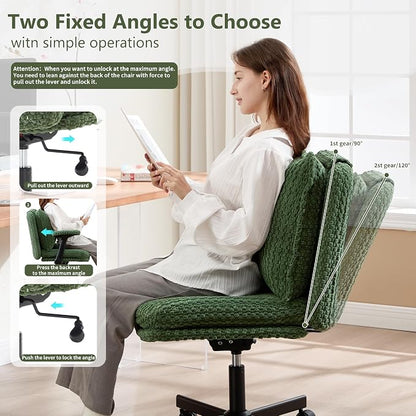 Fizzin Criss Cross Chair,Armless Cross Legged Chair with Wheels,Memory Foam Seat Office Desk Chair with Flipable Back Cushion,Mid Back Swivel Chair for Home Office,Bedroom Vanity (Green)