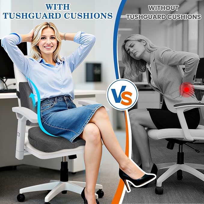 TushGuard Back&Seat Cushion, Car Seat Office Chair Cushions, Memory Foam Lumbar Back Support Pillow, Portable Airplane Seat Cushion for Travel, Computer Desk, Wheelchair, Driving (Grey, X-Large)