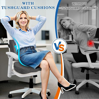 TushGuard Back&Seat Cushion, Car Seat Office Chair Cushions, Memory Foam Lumbar Back Support Pillow, Portable Airplane Seat Cushion for Travel, Computer Desk, Wheelchair, Driving (Grey, X-Large)