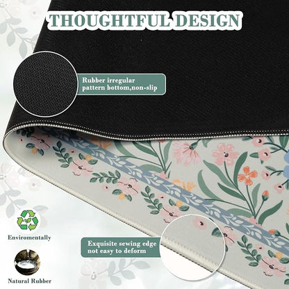 iCasso Aesthetic Floral Desk Mat, L Mouse Pads, Anti-Slip Mousepad with Stitched Edges, Waterproof Computer Pad 11.8"x31.5", Green Desk Accessories Office Decor for Women(Green Floral)