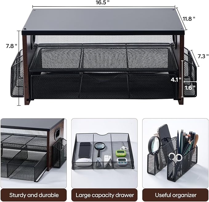 Printer Stand,Desktop Printer Stand with 2-Tier Storage Shelves for Home Office，Desk Organizer with Drawer and 2 Pen Holders for Fax Machine Scanner Files