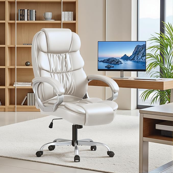 Furmax Leather High Back Office Chair Ergonomic Executive Office Chair Swivel Computer Desk Chair Lumbar Support Soft Cushioned Padded Arms (White)