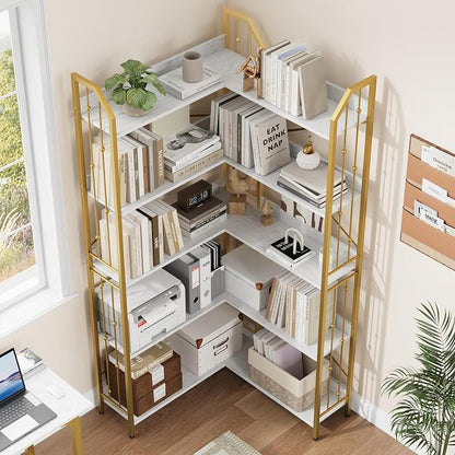 GarveeHome Corner Bookshelf 72" L Shaped Bookcase, Corner Bookshelves Industrial Bookcase 5 Tier L-Shape Bookshelf, Large Bookcases with Beaded Design Tall Display Rack Shelf for Living Room Bedroom