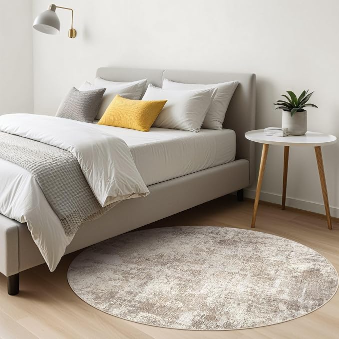 7ft Round Rug Living Room Rugs: 7x7 Washable Circle Large Abstract Modern Soft Stain Resistant Non-Slip Indoor Floor Carpet for Bedroom Nursery Office Dining Room Playroom Home House- Beige Brown