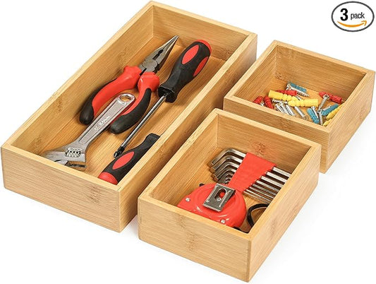 Vincona Bamboo Drawer Organizers Set, 3PCS Multi-Use Wood Storage Organizers, Desk Drawer Tray for Kitchen, Bathroom, Office, Dresser, Bamboo Box Bin for Jewelry, Makeup, Junk, Gadgets