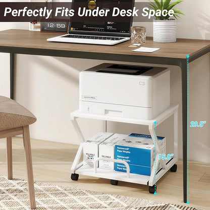 Natwind 2 Tier Printer Stand,19.7''x19.7'',with Pull Out Shelf,White | Easy Reach for Lower Shelf Items,Rolling Printer Cart with Wheels,Fits Under Desk,Supports 180lbs,for Home Office Kitchen