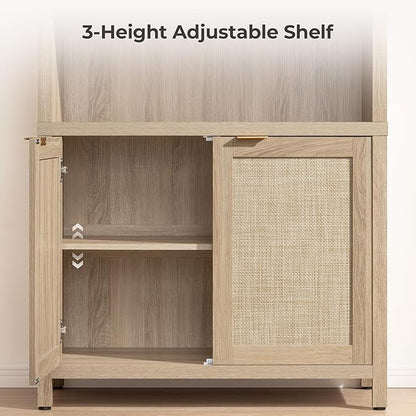 SICOTAS Book Shelf Arched Cabinet Bookshelf Arch 84.2" Tall Bookcase 5 Tier Large Bookshelves with Doors Storage Rattan Boho Wide Book Shelves Case for Living Room Kitchen Office Library