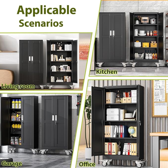 Metal Garage Storage Cabinet with Wheels, 61" H x 27.6" W x 13.8" D, Lockable Rolling Steel Tool Cabinet with Adjustable Shelves, Heavy Duty Garage Cabinet for Workshop, Basement, Home, Black