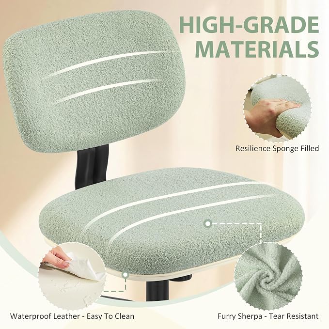 Armless 20" Wide Office Desk Chair, Comfy Desk Chair with Wheels Adjustable Height Swivel Rolling Chairs for Small Space Home Office Bedroom Study Vanity, Sherpa Mint-Green/PU