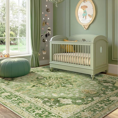 RELEANY Area Rugs 5'x7' Washable Non-Slip, Floral Vintage Distress Medallion Carpet for Living Room Bedroom Dining Room, Sage Green Yellow