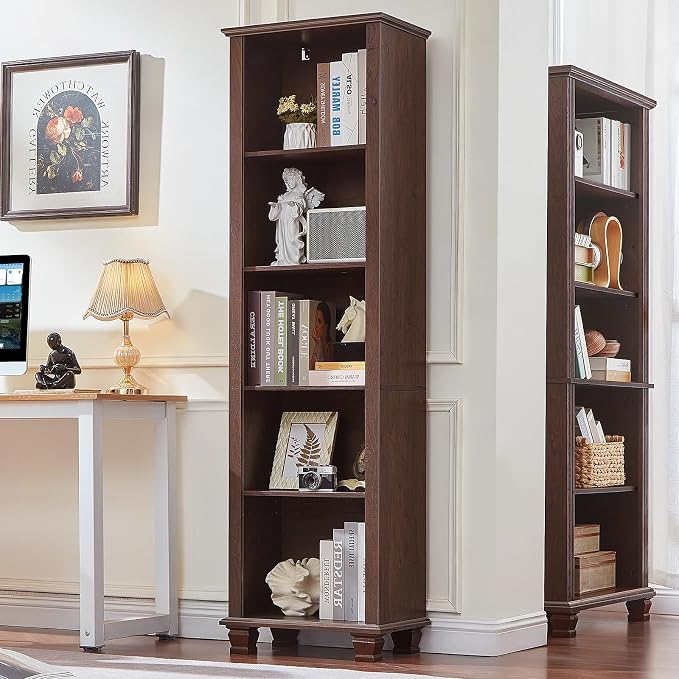 SAVOR LIFE Narrow Walnut Book Shelf, 70" Tall Skinny Bookshelf with Adjustable Shelves & Wooden Legs, Farmhouse Wood Bookcase w/5-Tier Open Storage, Free Standing Book Case for Office, Living Room