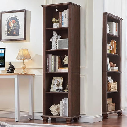 SAVOR LIFE Narrow Walnut Book Shelf, 70" Tall Skinny Bookshelf with Adjustable Shelves & Wooden Legs, Farmhouse Wood Bookcase w/5-Tier Open Storage, Free Standing Book Case for Office, Living Room