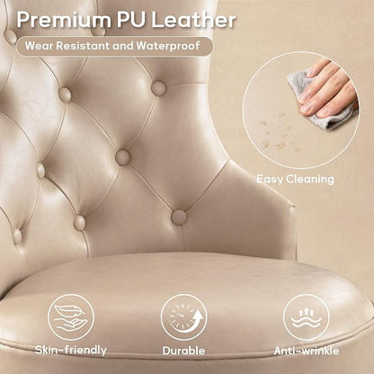 HUIMO Home Office Chair Upholstered PU Leather Armless Desk Chair with Wheels Adjustable Height Computer Desk Chair with Wooden Legs Comfortable Swivel Chair for Home Office Study Studio (Light Taupe)