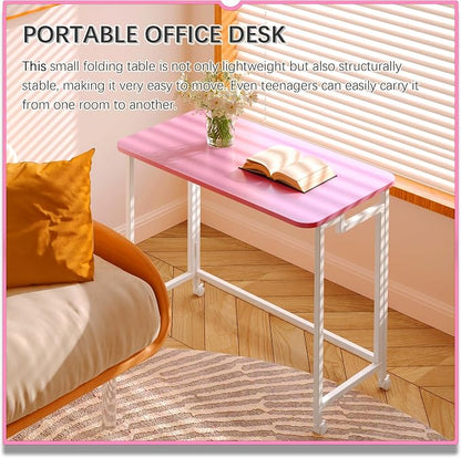 4NM 31.5" Mobile Small Rolling Computer Desk, Folding Laptop Cart Table with Wheels, Portable Office Desk for Small Space Couch Bed - Pink and White