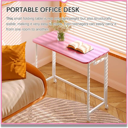 4NM 27.5" Mobile Small Rolling Computer Desk, Folding Laptop Cart Table with Wheels, Portable Office Desk for Small Space Couch Bed - Pink and White